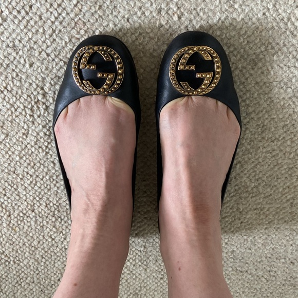 Gucci GG black leather flats 37.5 / 8.5 US - Picture 2 of 7